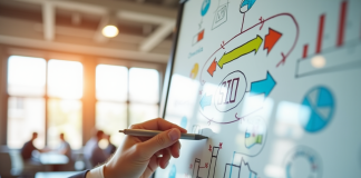 Expert en marketing digital écrivant des stratégies SEO sur un tableau blanc
