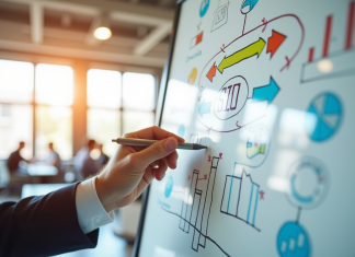 Expert en marketing digital écrivant des stratégies SEO sur un tableau blanc