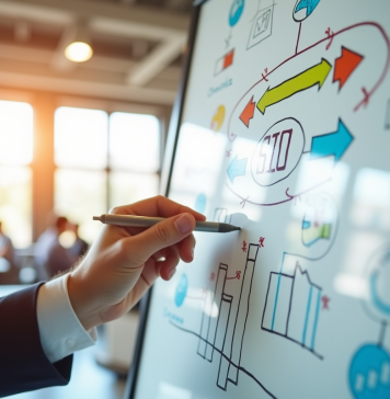 Expert en marketing digital écrivant des stratégies SEO sur un tableau blanc