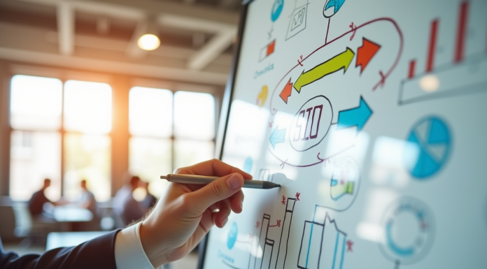 Expert en marketing digital écrivant des stratégies SEO sur un tableau blanc