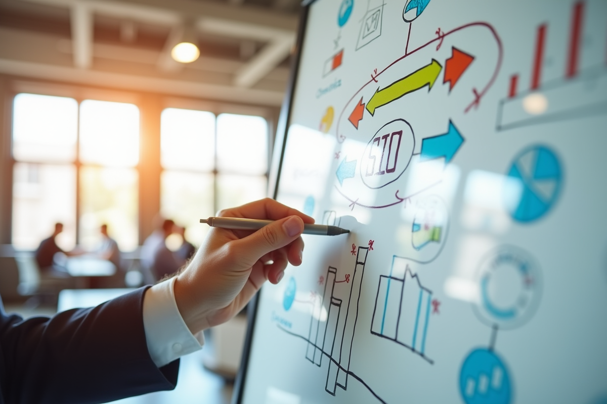 Expert en marketing digital écrivant des stratégies SEO sur un tableau blanc