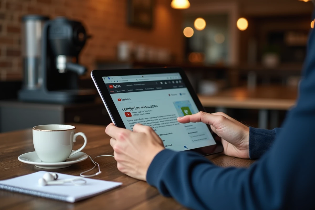 Mains tenant une tablette affichant des informations légales sur les droits d'auteur et un convertisseur YouTube dans un café