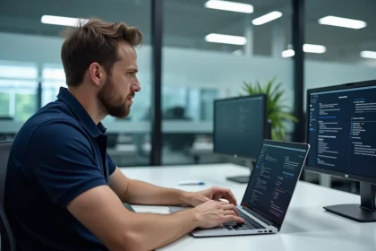 Technicien IT configurant les paramètres de sécurité du logiciel Specrem sur un ordinateur portable en entreprise