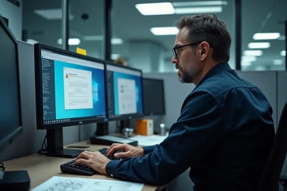 Technicien informatique inquiet face à un message de fin de support logiciel Silverlight sur un écran d'ordinateur de bureau