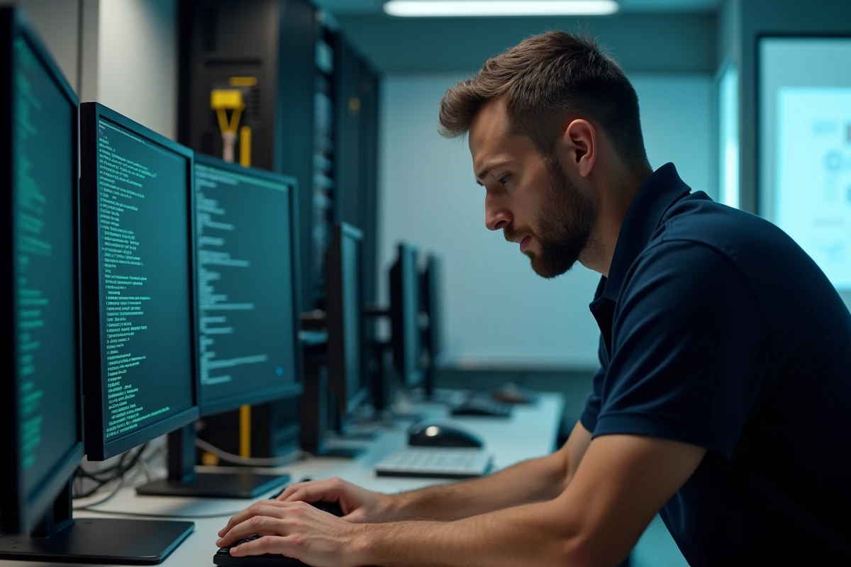Technicien informatique diagnostiquant un problème de connexion à l'intranet Normandie sur un poste de travail