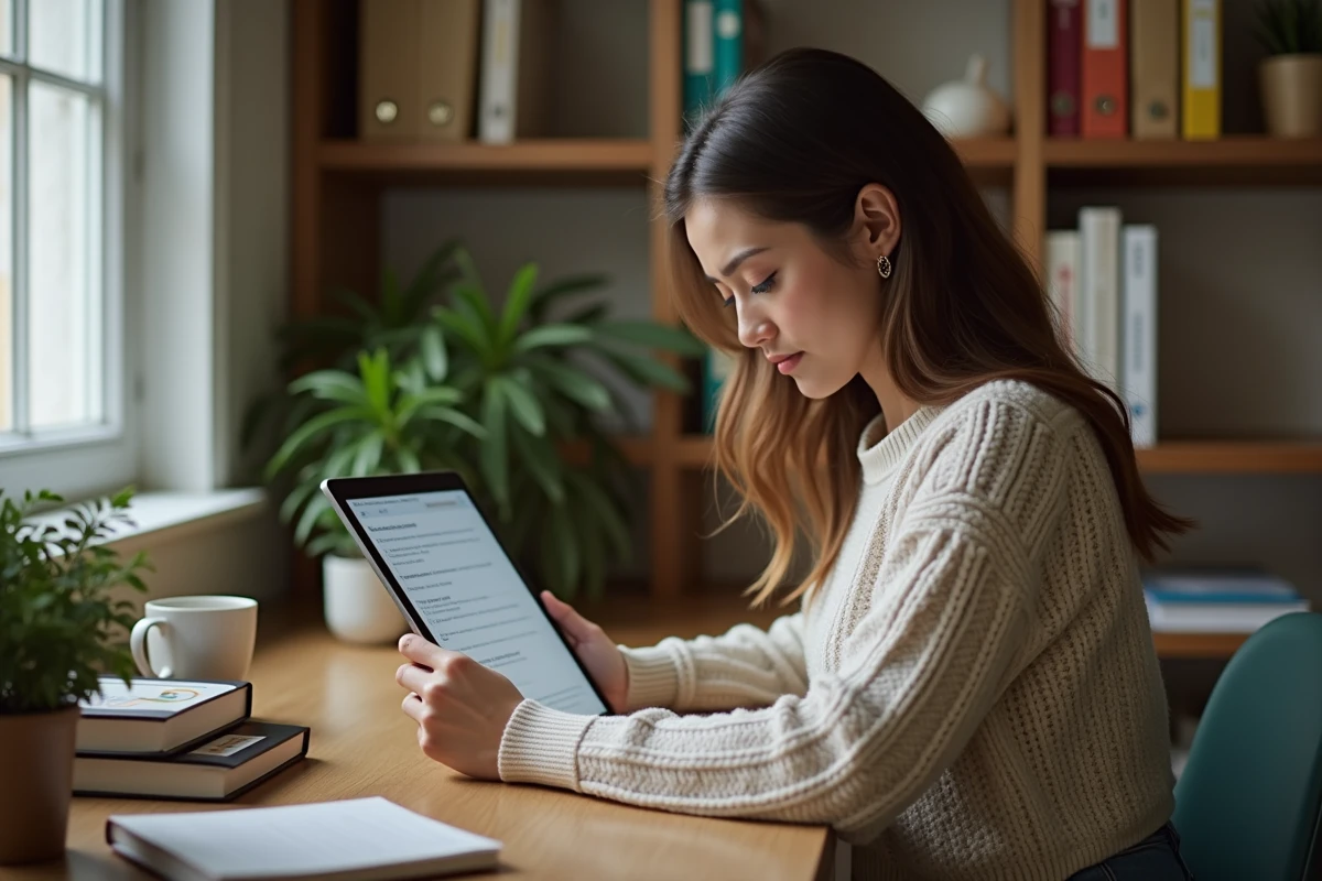 Femme en télétravail consultant un guide de dépannage pour résoudre un problème d'accès à l'intranet Normandie