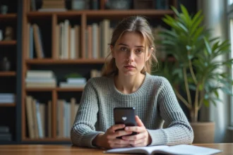 Jeune femme confuse regardant un message d'erreur utilisateur introuvable sur son smartphone Instagram