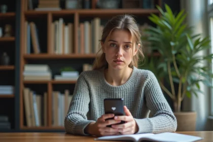 Jeune femme confuse regardant un message d'erreur utilisateur introuvable sur son smartphone Instagram