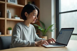 Femme utilisant un MacBook Pro pour accéder aux paramètres de stockage macOS afin de vider le cache en toute sécurité