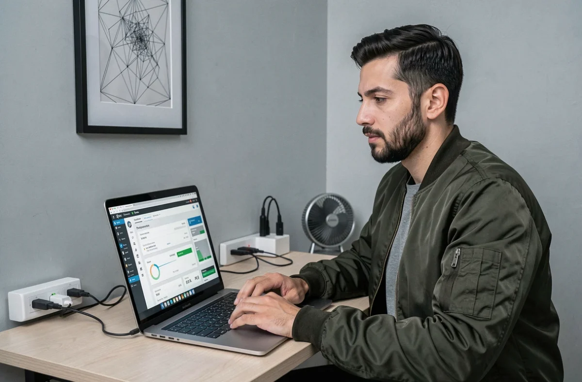 Développeur de Webindme dans son studio à domicile, consultant un tableau de bord de performance WordPress sur son ordinateur portable