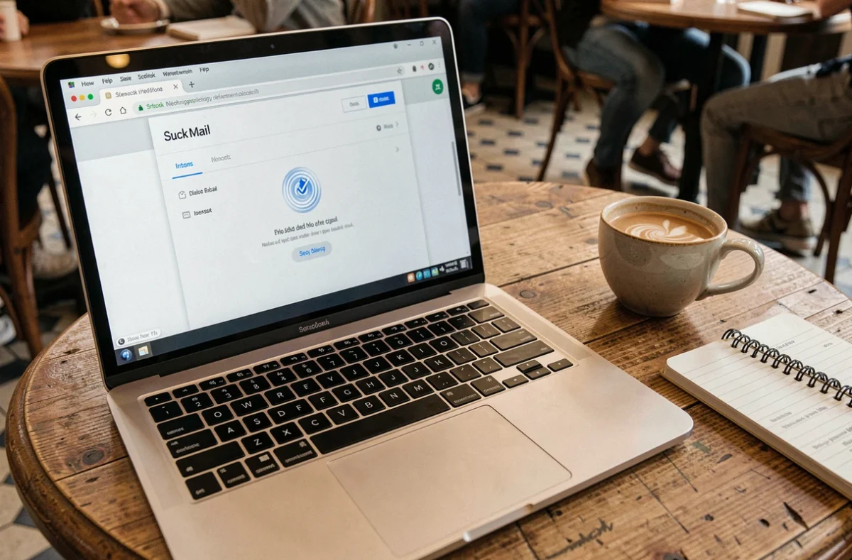 Détail d'un ordinateur portable affichant un webmail bloqué sur une table de café parisien