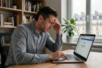 Homme frustré devant un webmail qui rame sur son ordinateur portable dans un bureau à domicile
