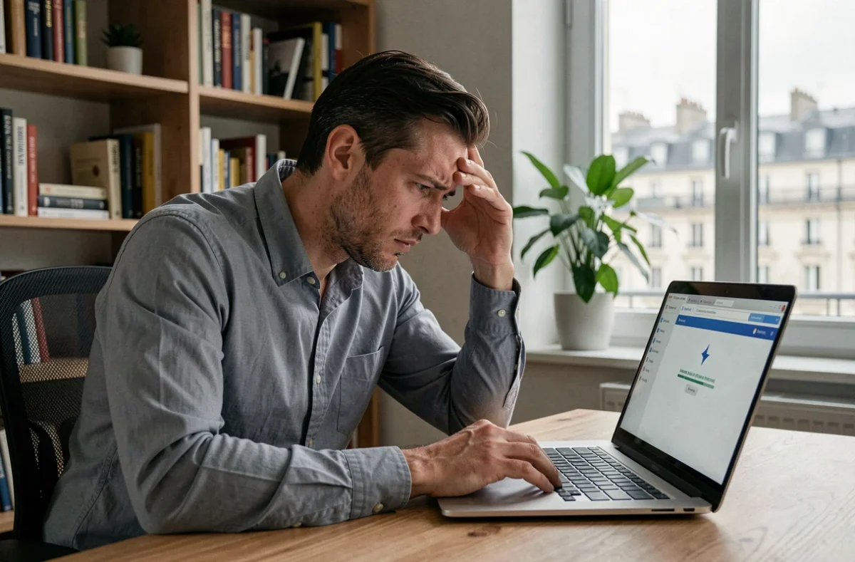 Homme frustré devant un webmail qui rame sur son ordinateur portable dans un bureau à domicile