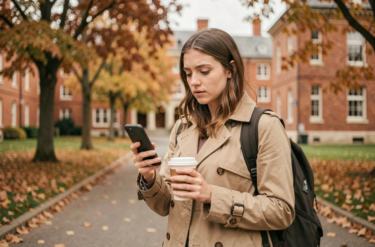 Étudiante vérifiant ses mails Webversailles sur smartphone en marchant sur un campus universitaire en automne