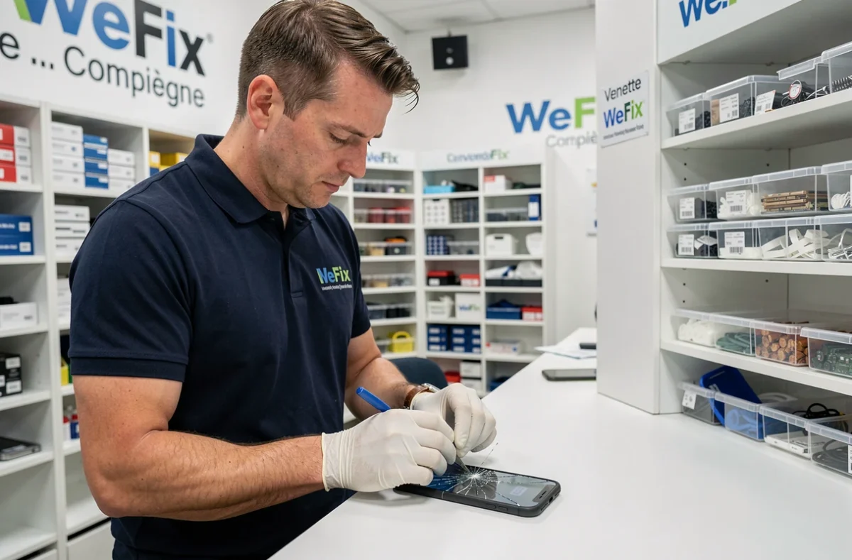 Technicien WeFix remplaçant l'écran d'un smartphone dans la boutique de réparation à Venette près de Compiègne